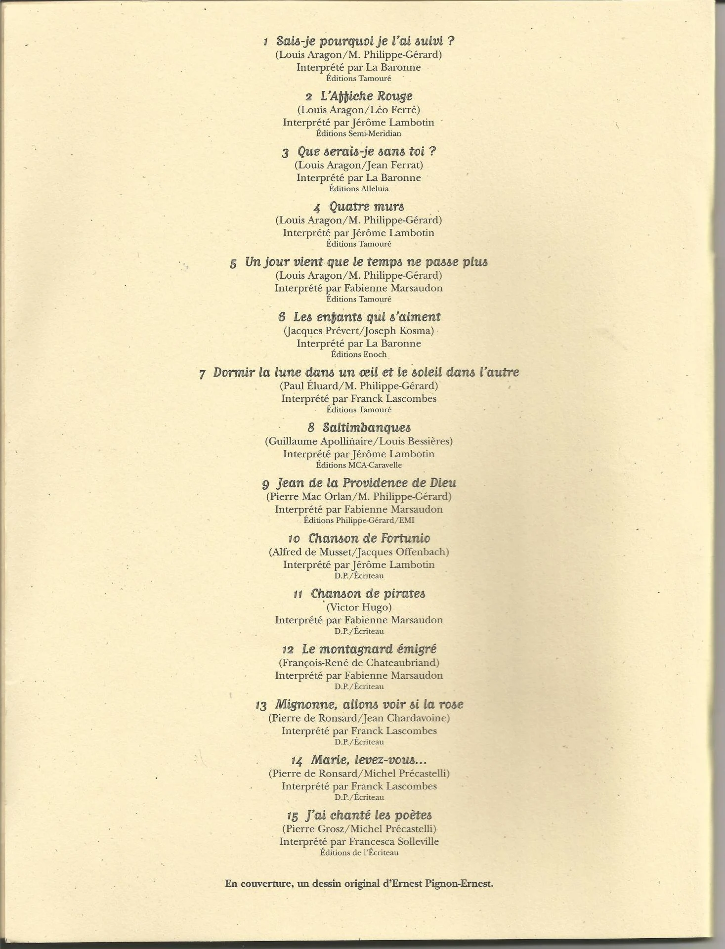 La chanson des poetes d aragon a ronsard titres et interpretes